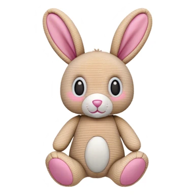 A corduroy bunny rabbit toy in a beige/brown colour,it’s left ear is half missing but the fabric has been sown up ands it’s left eye has gone it has a pink triangle nose and the inside of its slightly floppy ears is pink as well  sticker