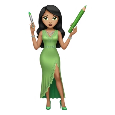A plus-size light-skinned Black woman is wearing makeup. She has long, straight, waist-length black hair and is wearing a green sleeveless dress with rhinestones and lace and a low neckline. She is standing in green high heels and is holding a crayon in one hand, with the other hand raised. sticker