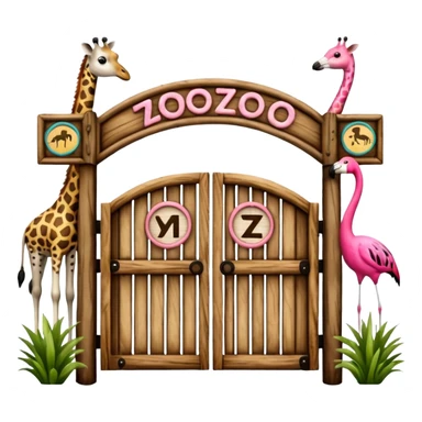 wooden zoo entrance gate with the word 'zoo' on top, featuring a giraffe, panda, zebra, and flamingo, natural hand-crafted emoji style, not AI-generated sticker