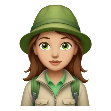 woman hiking in the woods in the sunshine. light face and green eyes. wearing a hat, brown hair sticker
