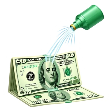 Sprinkler system shooting out streams of dollar bills, instead of water, clearly showing financial benefit sticker