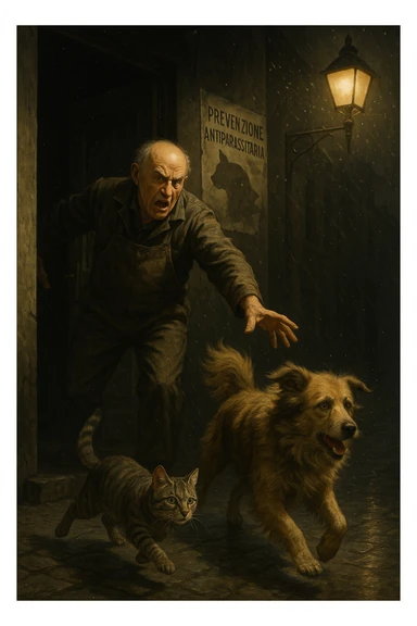 Un uomo anziano in tuta da lavoro, con espressione arrabbiata, butta fuori i suoi animali con aperta la porta di casa mentre il suo cane (un meticcio a pelo lungo) e il gatto (soriano) scappano nella strada buia sotto la pioggia. Particelle di polvere/pulci fluttuano nell'aria illuminata dal lampione. Sullo sfondo, un poster strappato del veterinario con scritto 'Prevenzione antiparassitaria'. Stile fotorealistico, illuminazione Caravaggesca, toni grigi e ocra. in italiano sticker