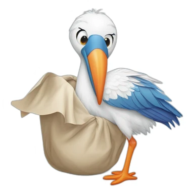 White stork carrying a blue bundle of cloth in its big beak that has a cute human person cute baby boy inside and his head is peeking from the fabric the strok is carrying in its beak sticker