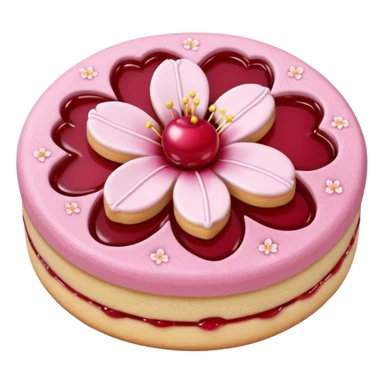 Realistic shortbread cookie in the shape of a cherry blossom with pale pink color jelly middle filling and sprinkled powder sugar on top. sticker