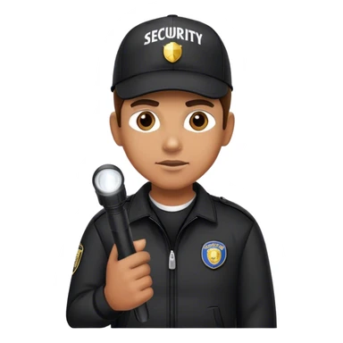 A vigilant male security guard wearing a black jacket, a baseball cap the word ‘SECURITY’  on it, He holds a flashlight , no police uniform, no badge sticker
