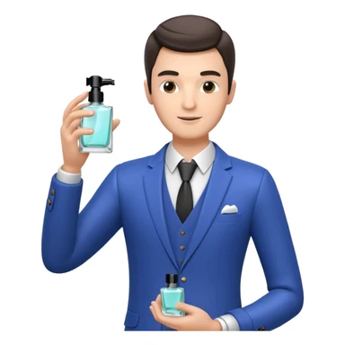 stylish man spraying perfume, holding a perfume bottle, mist spray in the air, elegant pose, 3D cartoon, mobile game icon style, clean background, no text, no watermark

 sticker