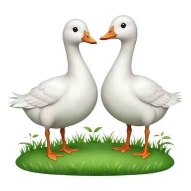 white geese standing on a small green hill, front view, foggy sticker
