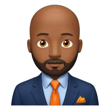 headshot of a sophisticated, stylish, bald head, beedi eyes Caribbean black man with a beard and goatee in a navy blue suit, orange tie sticker