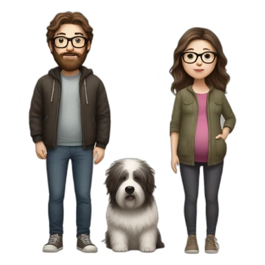 Hyperrealist pregnant girl with half long brown hair with glasses, a boy with long beard, glasses and short hair and english sheepdog sticker