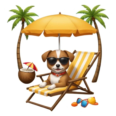 a dog laied on a beach chair, a sunny beach, a sun umbrella, and beach coconut trees. the icon should capture the essence of a relaxing beach vacation with a carefree atmosphere sticker