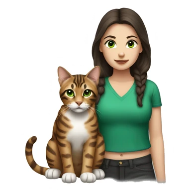White skin girl with dark brown hair and a bengal cat with green eyes sticker