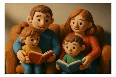 children with their parents, family reading books together sticker