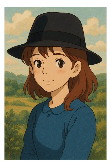 girl wearing a classic black fedora, gentle expression, soft colors, ghibli style sticker