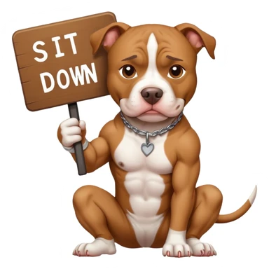 Pit bull holding a sign that says SIT DOWN sticker