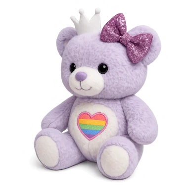 Add a glittery bow that sparkles to the purple and white teddy bear with a heart-shaped rainbow patch and a white crown. Keep the bear soft and plush, with no shadows and flat lighting. Remove the background. sticker