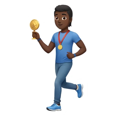 friendly anthropomorphised black stallion in jeans and a t-shirt, jogging upright in standard pose, holding a medal sticker