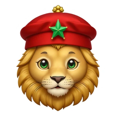 Cute lion face emoji with golden fur, big round eyes, and a friendly expression. Wearing a red Moroccan fez hat with a green star on the front and a small black tassel on the side sticker