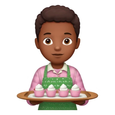 A young black vendor boy with pink cheeks, holding a tray of marshmallow-topped cocoa wearign green patterned apron sticker