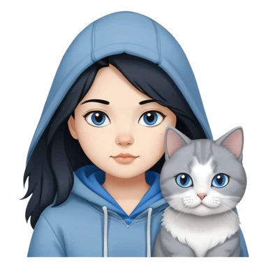Girl with black hair in gray hoodie with a British shorthair blue and white cat and a long-haired blue and white cat sticker