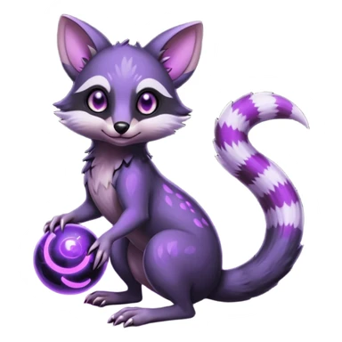 Obsidian-onyx-black and glowing neon-purple, shiny orb eyes, magical fantasy-Genet-Sentret-Marsupial-Possum-Vernid-Sergal-Fakémon-hybrid, by LiLaiRa-griffsnuff, full body sticker