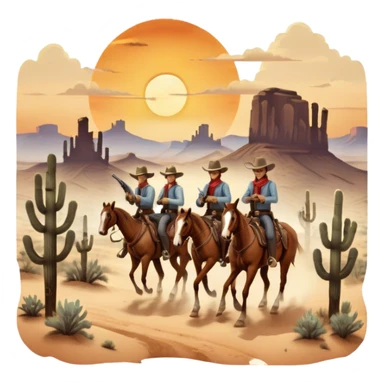 Icon for Western: A vintage movie poster-style design with cowboys on horseback, dusty desert landscape, and a setting sun. Include cowboy hats, revolvers, and an old saloon. The design should have bold typography and a retro cinematic feel. Transparent background. sticker