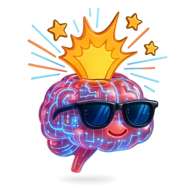 Transform the brain into an AI version, add digital lines, neon lights, and a techy feel, sunglasses and comic-style explosion remain. sticker