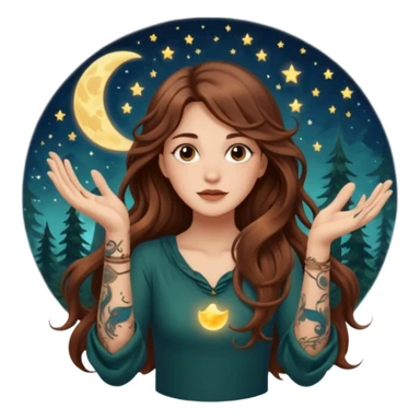 forest mystic woman long wavy brown hair tattoos catching falling moon spark in hands sticker