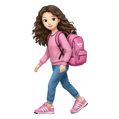 aestethic brunette very,very,very long wavy hair walking with a school backpack (no brand) with a cute jeans, pink sweat, adidas samba shoes sticker