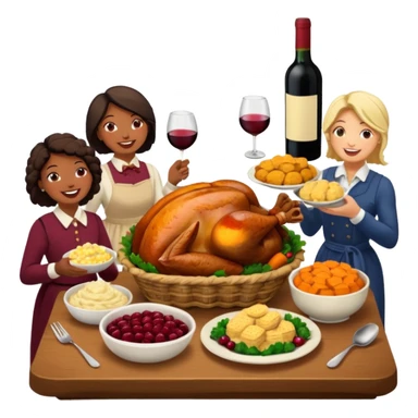 Thanksgiving Dinner with friends of all different races; have the food be a cooked turkey, mashed potatoes, corn, a basket of biscuits, a small bowl of cranberry sauce, baked yams, steamed vegetables, and a bottle of wine. sticker