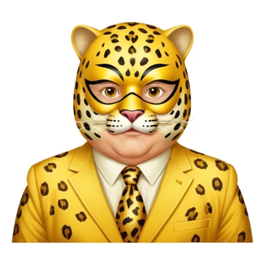 a fat old man, with a yellow suit,  wear half-face golden Leopard masquerade mask sticker