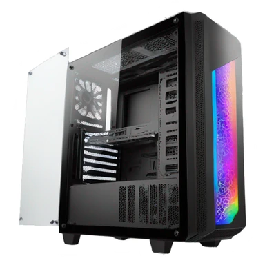 Black gaming PC RGB mid-tower case with glass side panel sticker