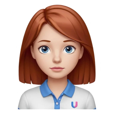Create emojis of a girl with light brown / dark red hair slightly wavy below the shoulder. Her eyes are gray-blue, her nose is small and straight, and her lips are pink and small. Eyes with long eyelashes. The polo shirt is white. The emoji itself is up to chest level. sticker