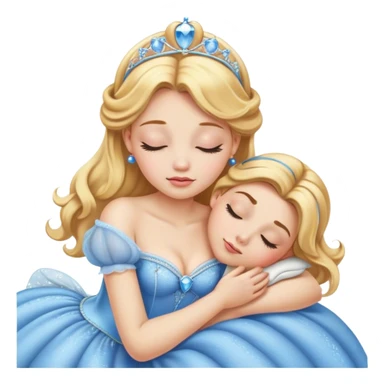 Cinematic Realistic Sleeping Cinderella Portrait, portrayed with exceptional realism: her luminous porcelain skin and exquisitely detailed golden-blonde hair lie softly under the gentle caress of natural light. Her eyes are peacefully closed in a serene, dreamlike slumber, and every fold and shimmer of her iconic ball gown is rendered with painstaking detail. The overall composition radiates a quiet, enchanting glow that encapsulates the timeless, restful beauty of a princess lost in a gentle, magical dream. sticker