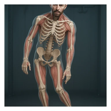 Hyperrealistic 4K anatomical view of a man in a similar position to the reference image. Knee valgus, tilted pelvis, pronated foot, bones and muscles in transparency, medical atmosphere. Variant 6 with slightly changed hand position. sticker