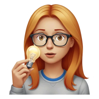 intelligent and clever, 30 year old, girl, long red and almost blond hair, glasses, has an brillant idea, rubs his nose, light bulb over the head, casual cloth  sticker