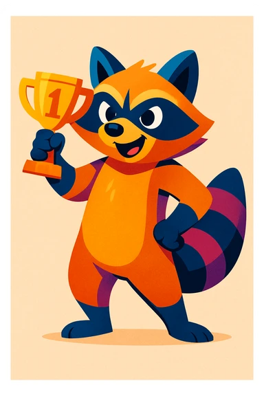 stylized raccoon holding a trophy, vibrant colors, confident stance, streamer mascot look sticker