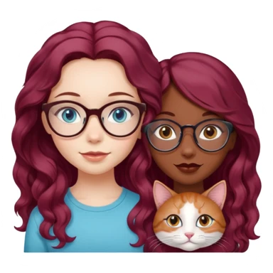 A cute fair skin girl with pale blue eyes, long wavy burgundy hair, with her cute African american female friend who has nice brown eyes and cat eye glasses, best friends forever. 8k, detailed, colorful, cutesy style sticker