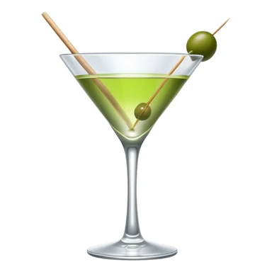 empty martini glass with just a hint of colorless liquid, showing mostly glass with very minimal liquid representation, single green olive on toothpick sticker