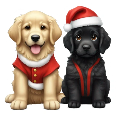 solid black fluffy puppy wearing red vest with white golden retriever puppy wearing a santa hat sticker