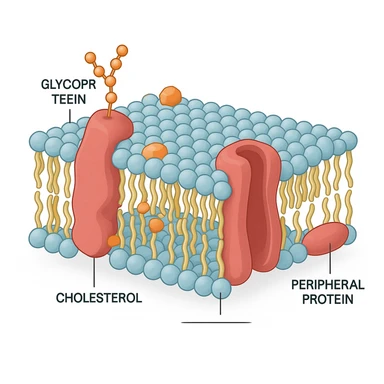 A highly detailed, scientifically accurate cross-section of a biological cell membrane (lipid bilayer) on a white background, ultra-realistic 3D illustration. Show the phospholipid bilayer with hydrophilic heads (round, polar) facing outward and hydrophobic tails (chains) inside. Include embedded proteins (integral and peripheral), cholesterol molecules (small, rigid), glycoproteins with sugar chains, and ion channels. The style should be clean, lab-textbook style, with subtle shadows and depth. Use a color scheme: light blue for hydrophilic heads, yellow for hydrophobic tails, red/pink for proteins, and orange for cholesterol. Microscope-like precision, no artistic stylization. Educational diagram of the Fluid Mosaic Model, cross-sectional view with labels for 'glycoprotein', 'cholesterol', and 'peripheral protein', vector graphic style. sticker