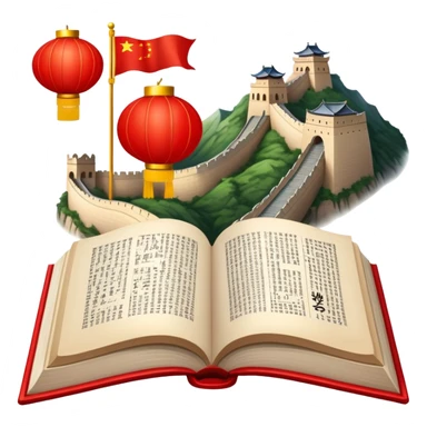 An icon featuring the Great Wall of China and the big flag of China, symbolizing the Chinese language. The design includes an open book with Chinese characters and a red lantern, representing language learning. Transparent background highlights the depth of Chinese heritage. sticker