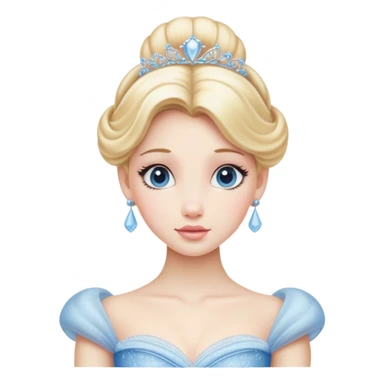Cinematic Realistic Cinderella Portrait, depicted with lifelike porcelain skin, elegantly styled blonde hair, and a serene, graceful expression. Dressed in her classic ball gown with intricately detailed fabric textures and delicate pastel hues that catch soft, natural lighting, this portrait captures the timeless beauty of a fairy tale princess. sticker