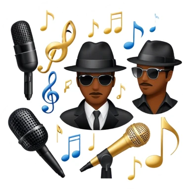 Icon for R&B Music: collage of famous R&B artists, represented by silhouettes or symbols like a fedora, microphone, sparkly glove, and music notes. The image should convey the energy and soul of R&B music. Transparent background. sticker
