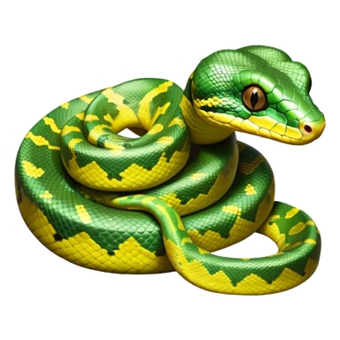 cinematic-green tree python-realistic-full-body-coiled-emoji,-thick-scaled-body-looped-tightly,-intricate-brown-and-gold-patterned-scales-reflecting-light,-head-tilted-dramatically,-slitted-eyes-staring-calmly,-simplified-yet-realistic-focused-feature sticker