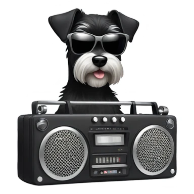 Black mini schnauzer in sunglasses holding a boombox sticker