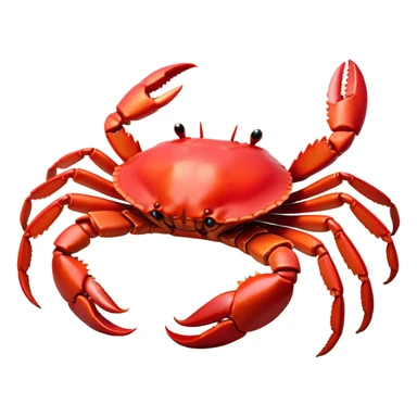 Cinematic Noble Red Crab Portrait Emoji, Poised and commanding, with a sturdy, angular exoskeleton of vivid scarlet red and sharply defined pincers, deep-set, intense eyes on stalks, Simplified yet sharp and sophisticated features, highly detailed, glowing with a soft, oceanic glow, high shine, intelligent and formidable, stylized with an air of coastal authority, focused and alert, soft glowing outline, capturing the essence of a watchful crustacean guardian that appears ready to scuttle out of the screen with determined power! sticker