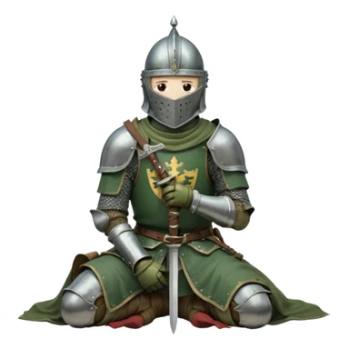 A lone medieval knight in a green worn armor kneels. His helmet is closed, hiding his face, conveying silence, exhaustion and contemplation. A long sword is planted in the ground beside him, its hilt resting near his gloved hands as if he is praying or resting after battle. sticker