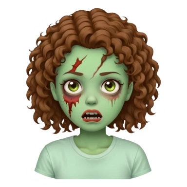 Zombie girl with curly brown hair como emoji de iphone y con la boca un poco lastimada haz que tenga una simple remera blanca puesta pero que sea zombie verde sticker
