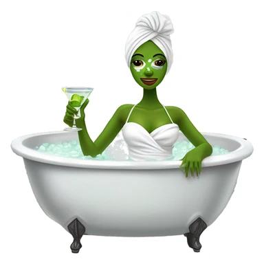 Girl with white towel wrapped around hair and cucumbers on eyes with green face mask and manicure  holding a martini glass and bottle in black high heels kicking feet out in bubble bathtub  sticker
