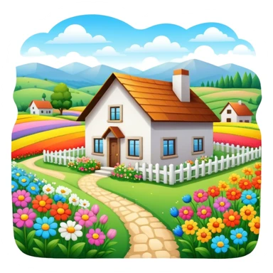 white countryside home in flower field sticker